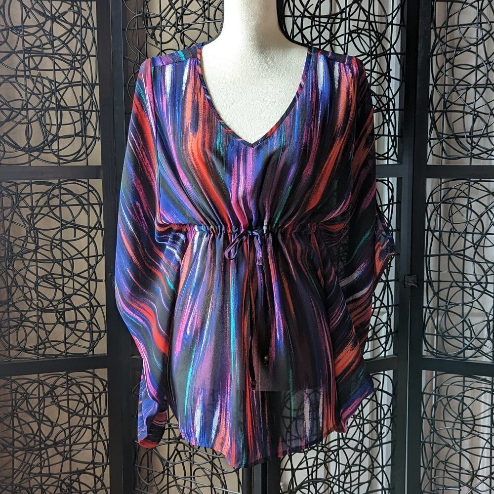 Miss Tina by Tina Knowles Size Small Multicolor Drawstring Waist Sheer Top EUC
